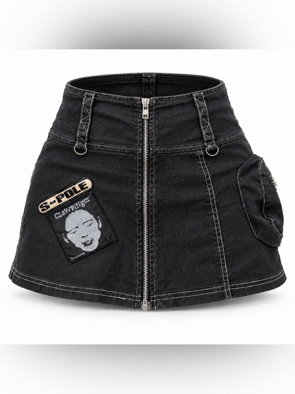 90s/ Y2K Black Front-Zip Mini Skirt with Graphic Patch and zip pocket - Small
